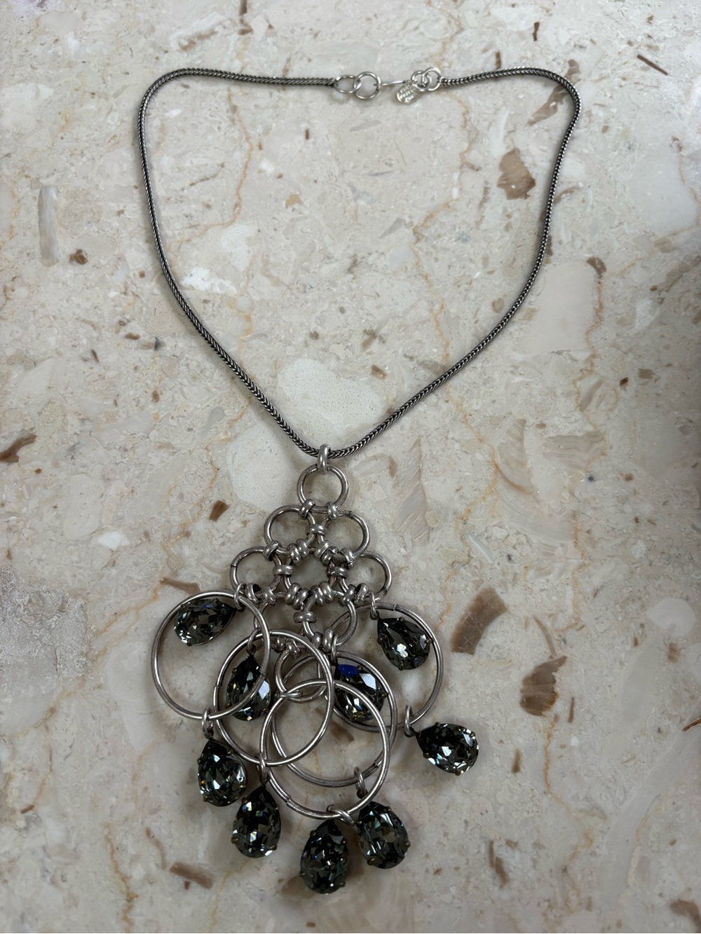 Aris Silver-Tone Necklace with Dark Smoky Crystal Drops